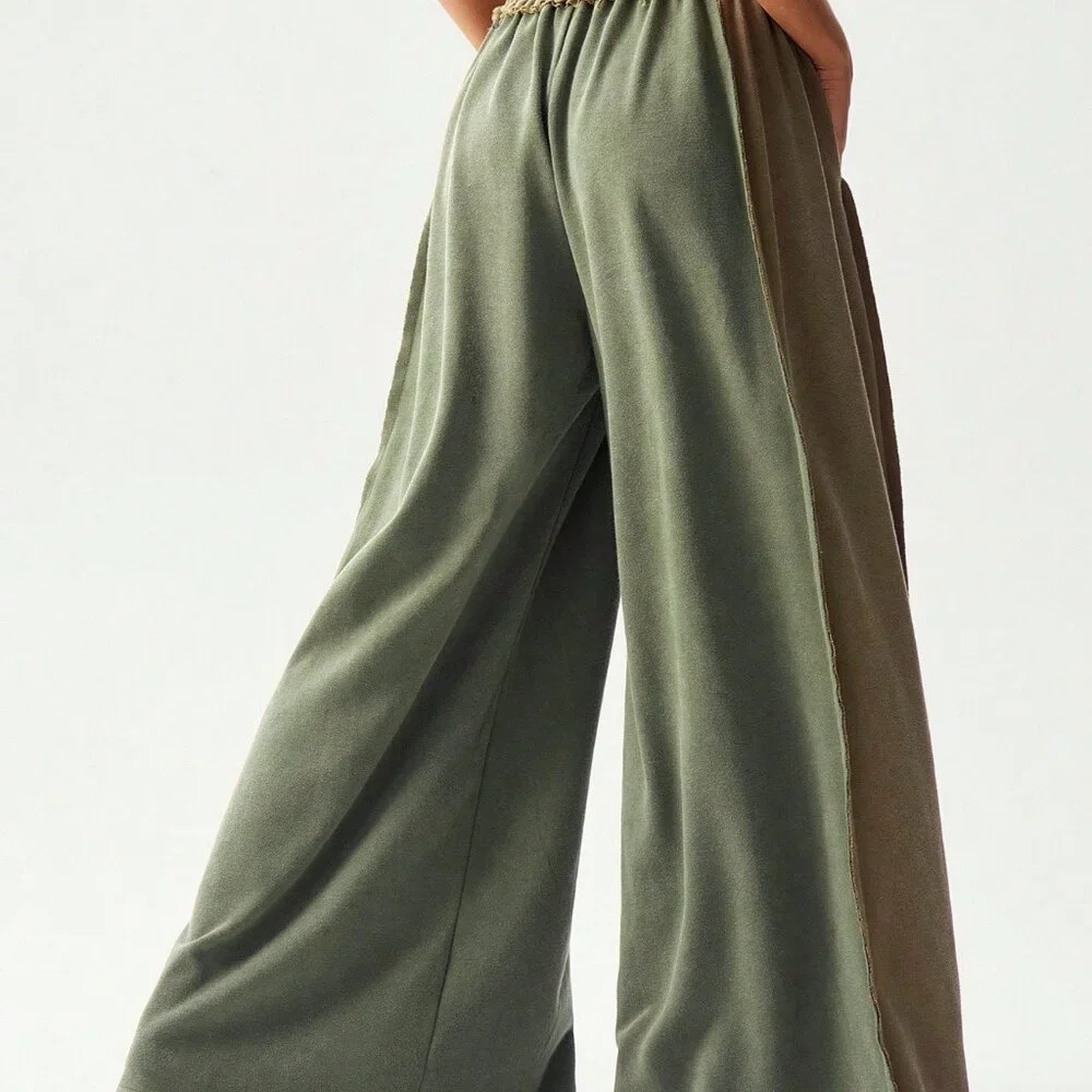 Multicolor Casual Women's Knit Patchwork Loose Wide Leg Washed Pants - Picture 2 of 7